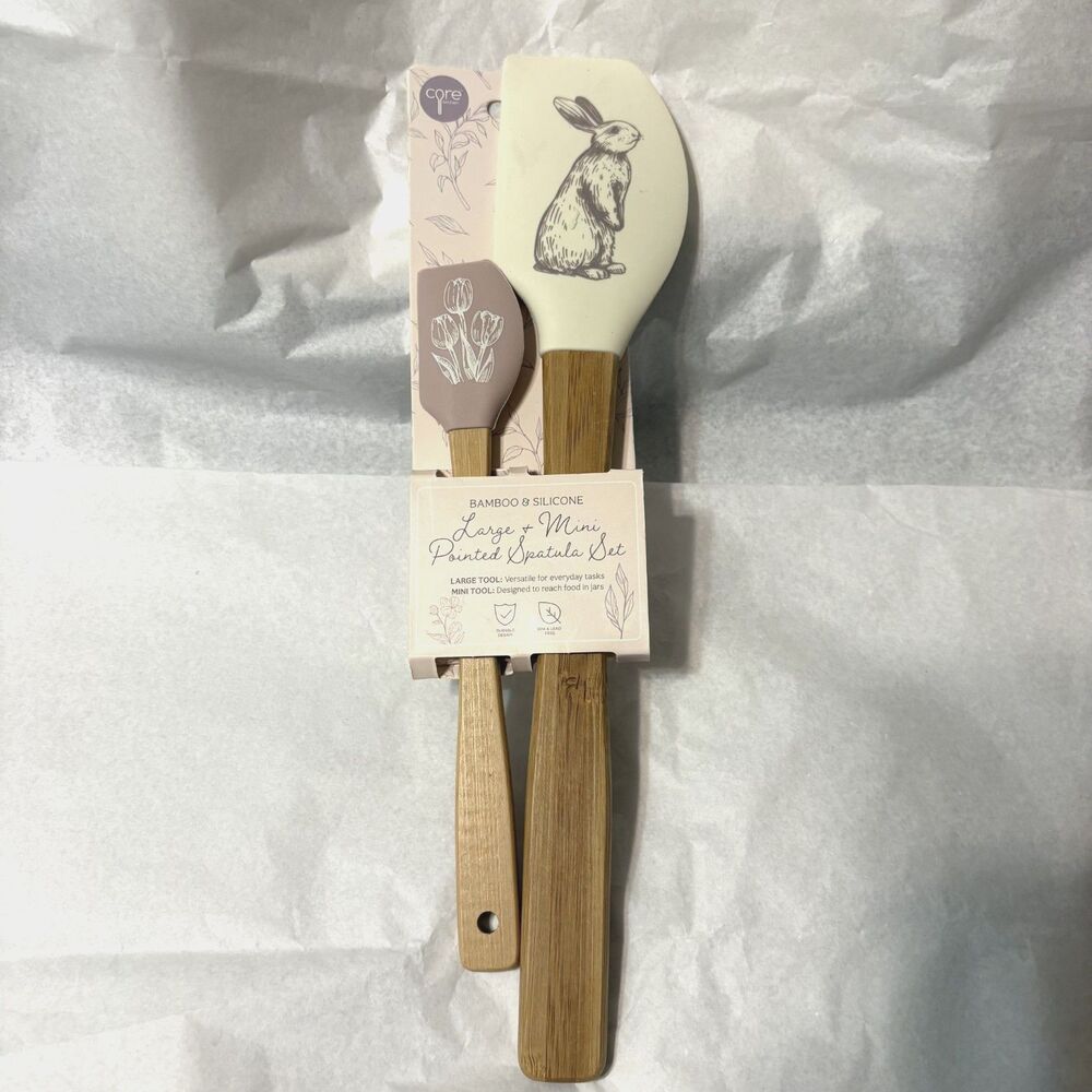 Easter 2 pc Cream Bamboo Silicone Large & Mini pointed spatula set Rabbit Tulips